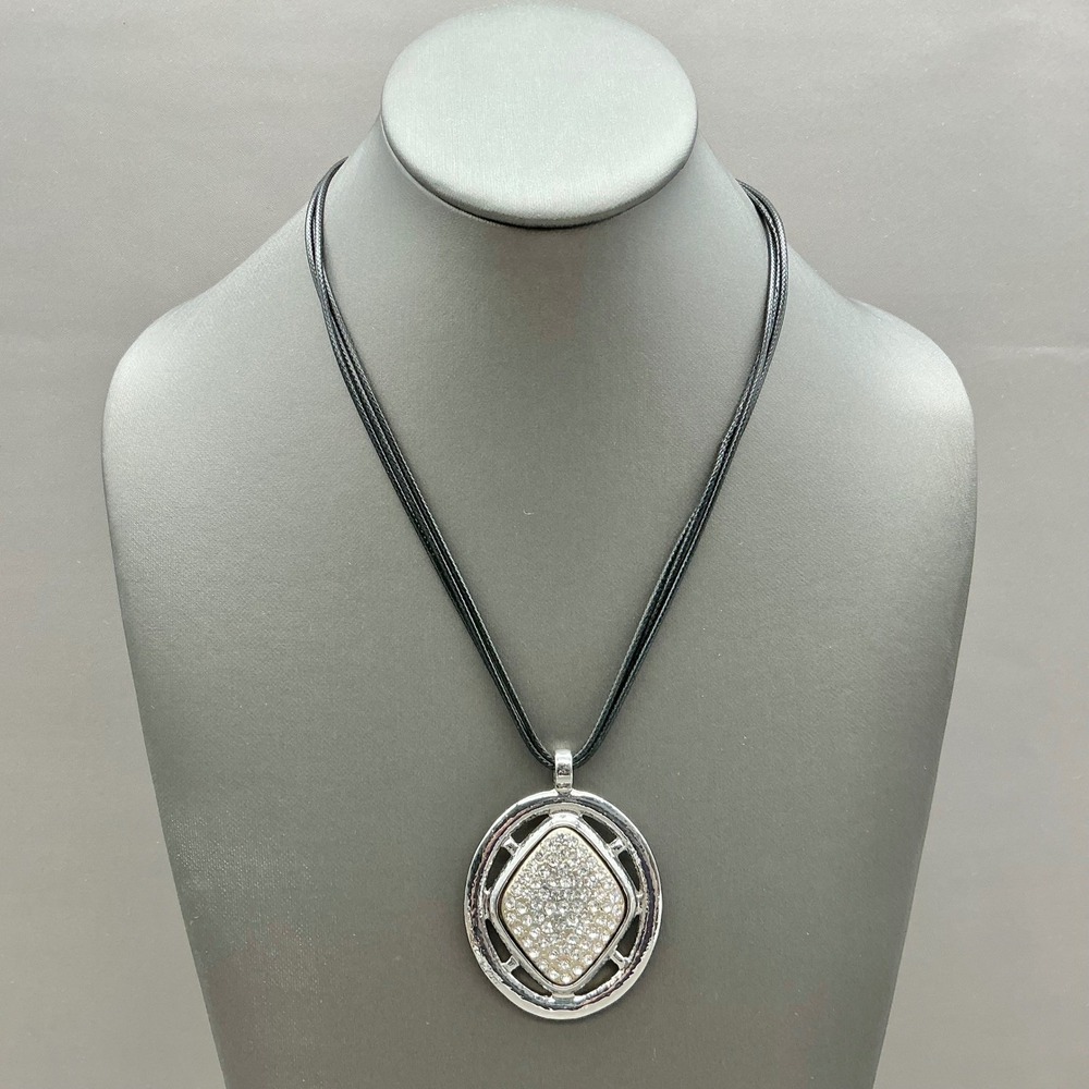 Chicos Necklace Women Silver Tone Rhinestone Pave Pendant Black Cord 18-21 Inch